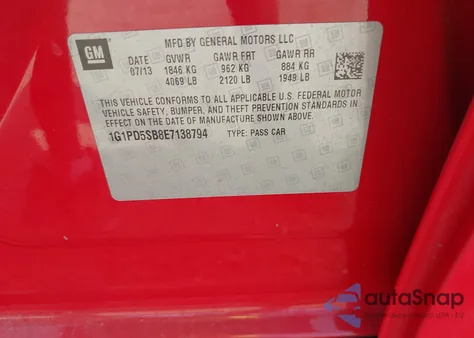 2014 Chevrolet Cruze 1Lt Manual из США, поврежденный, VIN 1G1PD5SB8E7138794